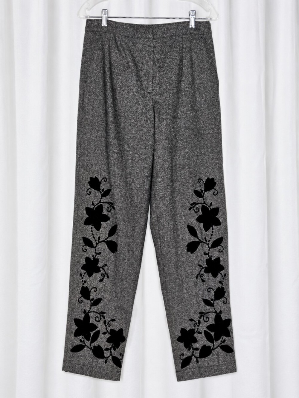 Talbots Vintage Black White Micro Tweed Velvet Floral Applique Lined Dress Pants